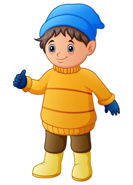 Niño feliz en ropa de invierno amarillo dando pulgares hacia arriba — Vector de stock