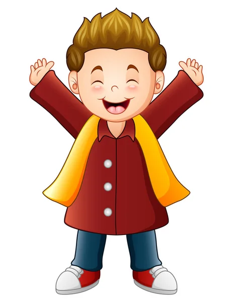 Dibujos animados niño feliz en ropa roja de invierno — Vector de stock