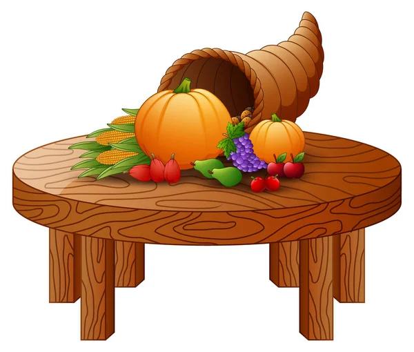 Róg obfitości z warzyw i owoców na okrągły stół drewniany — Wektor stockowy
