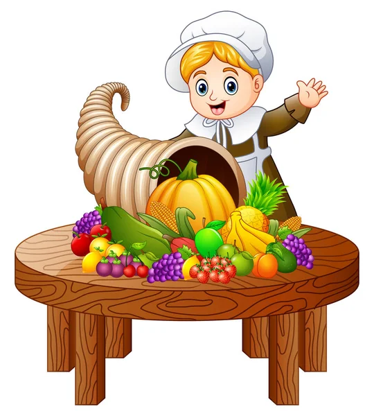Pelgrim meisje met overvloed aan fruit en groenten op ronde houten tafel — Stockvector