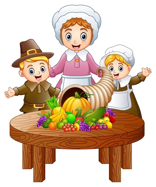 Pilgrim family with cornucopia of fruits and vegetables on round wooden table — Stock Vector