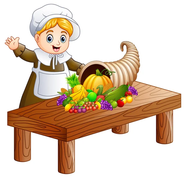 Pilgrim girl with cornucopia of fruits and vegetables on wooden table — Stock Vector