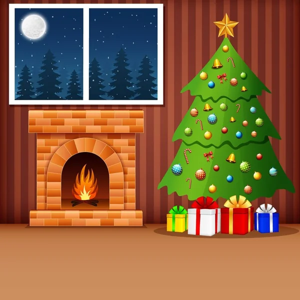 Christmas living room with xmas tree, presents, and fireplace — Stock Vector