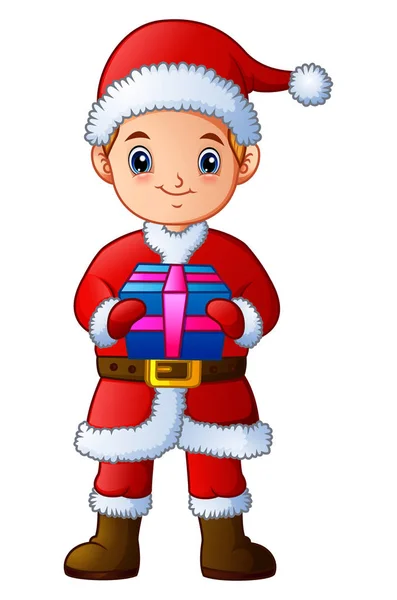 Мультяшний хлопчик у костюмі Санта Клауса тримає подарунок — стоковий вектор
