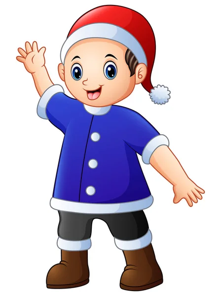 Felice ragazzo in costume blu Babbo Natale e cappello rosso di Natale — Vettoriale Stock