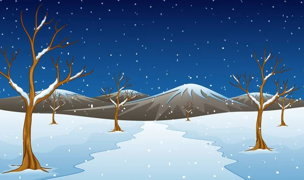 Paisaje montañoso invernal con árboles desnudos y carretera — Vector de stock