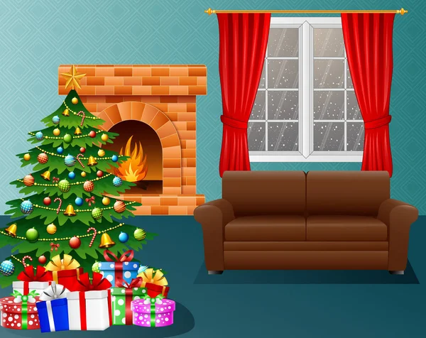 Salón de Navidad con chimenea, sillón, árbol de Navidad y regalos — Vector de stock