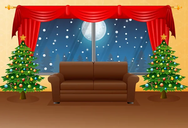 Kerst woonkamer met fauteuil, fir tree en rode gordijn — Stockvector