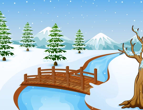 Cartoon-Winterlandschaft mit Bergen und kleiner Holzbrücke über den Fluss — Stockvektor