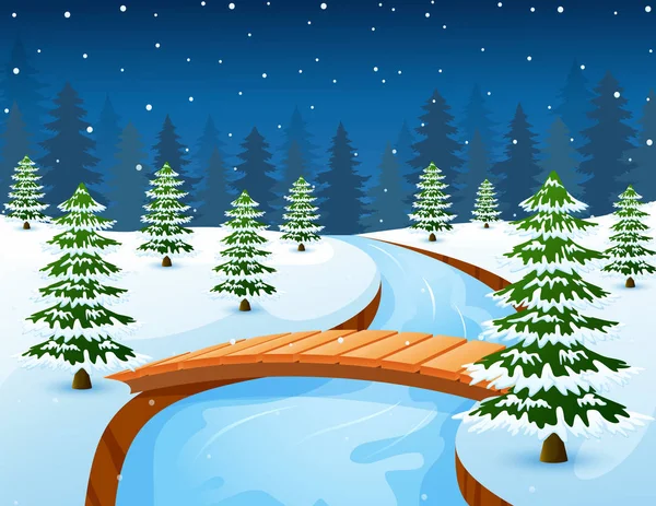 Cartoon-Winterlandschaft mit Wald und kleiner Holzbrücke über den Fluss — Stockvektor