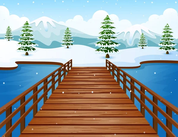 Cartoon-Winterlandschaft mit Bergen und Holzbrücke über den Fluss — Stockvektor