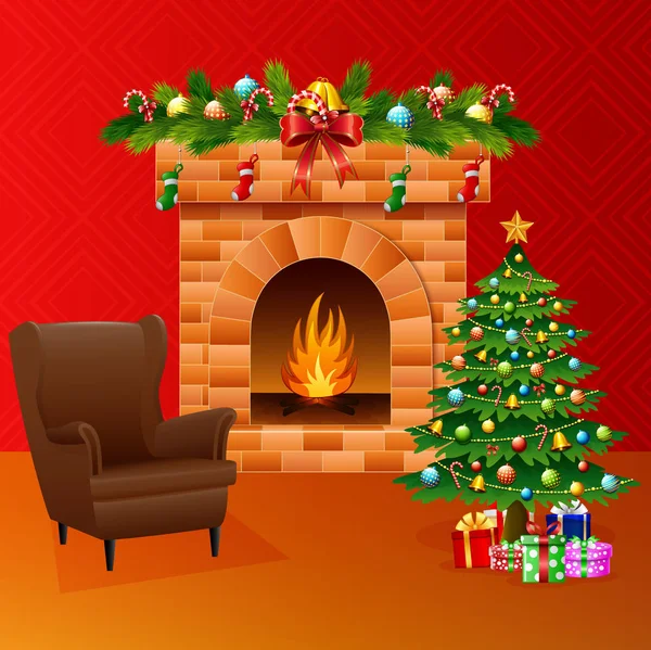 Chimenea de Navidad con árbol de Navidad, regalos y sofá — Vector de stock