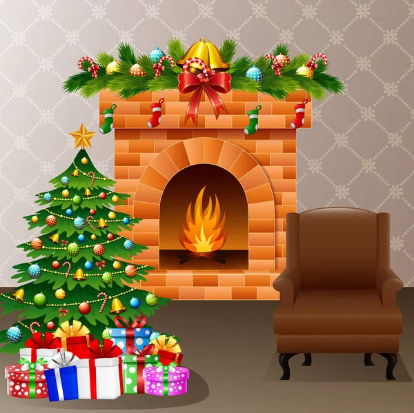 Chimenea de Navidad con árbol de Navidad, regalos y sofá — Vector de stock