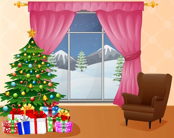 Salón de Navidad interior con árbol de Navidad, regalos y sofá — Vector de stock