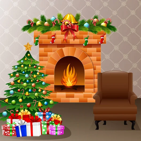 Різдвяний камін з ялинкою, подарунками та диваном — стоковий вектор