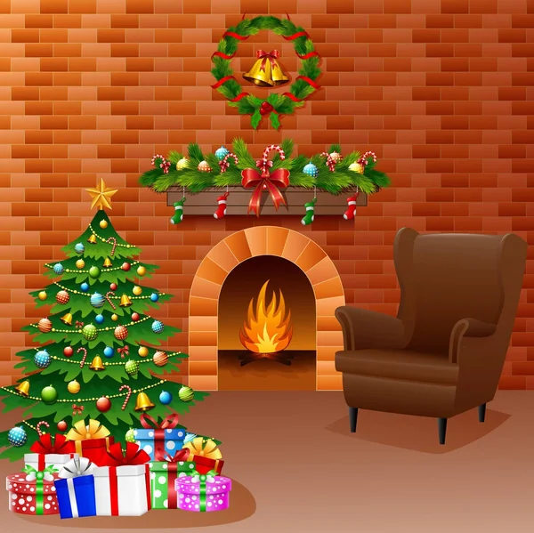 Cheminée de Noël avec sapin de Noël, cadeaux et canapé — Image vectorielle