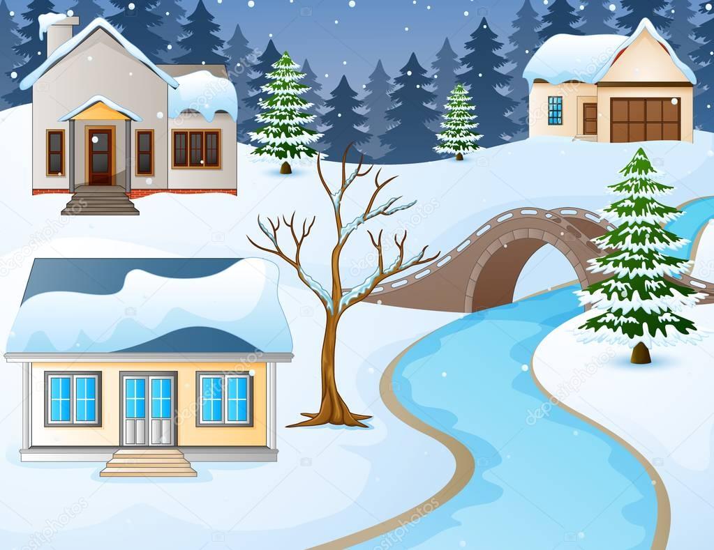 Cartoon winter rural landscape with houses and stone bridge over river