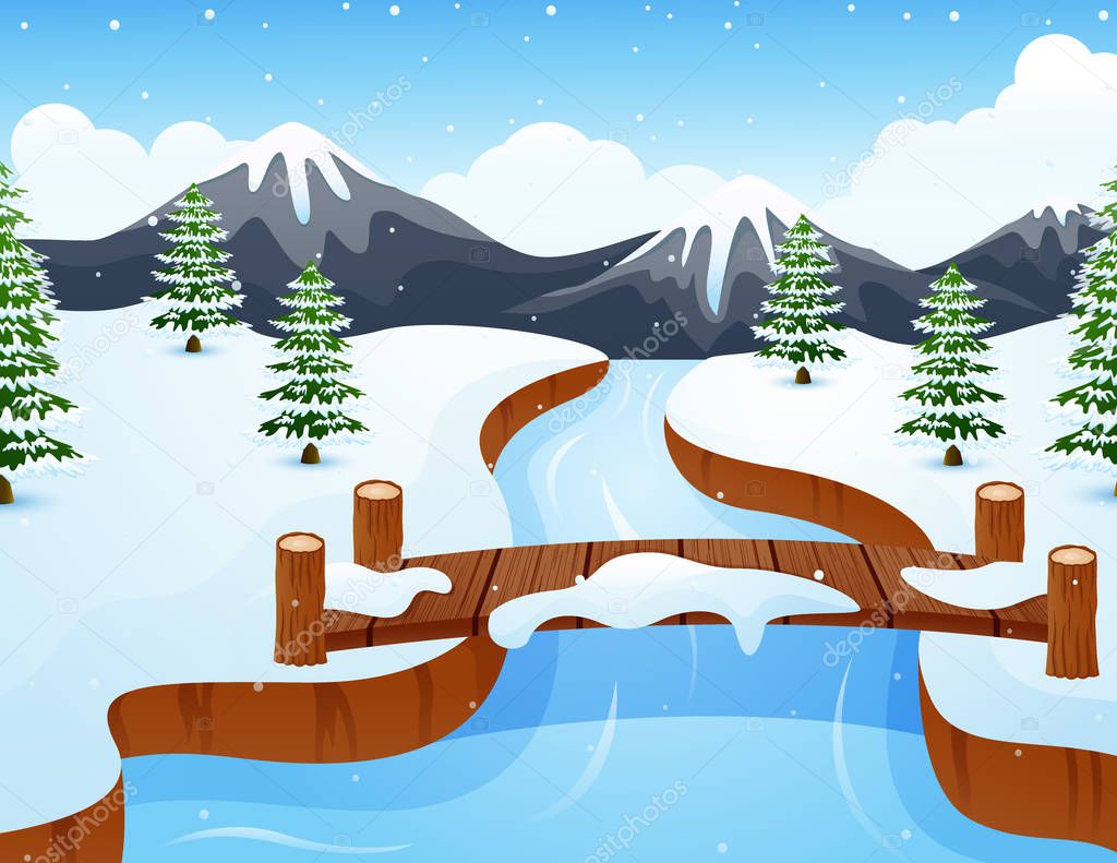 Cartoon winter landscape with mountains and small wooden bridge over river