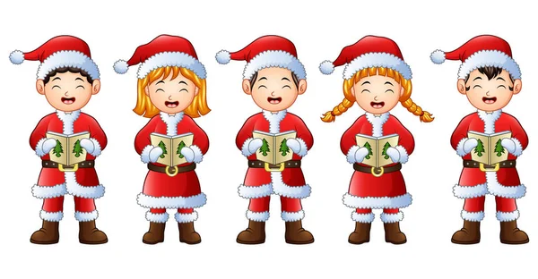 Vector Illustration Five Happy Children Singing Christmas Carols — Stock Vector