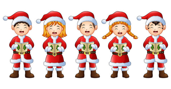 Векторная иллюстрация пяти счастливых детей, поющих рождественские песни
