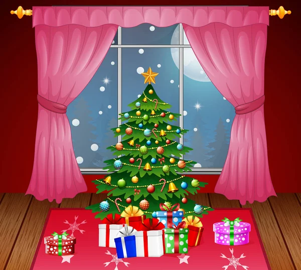 クリスマス ツリーとプレゼント クリスマス リビング ルームのベクトル イラスト — ストックベクタ