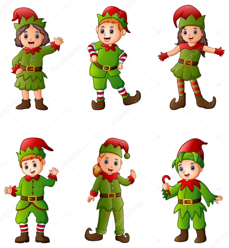 Vector illustration of Set of cartoon christmas elves isolated white background