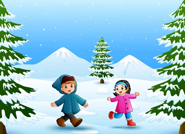 卡通孩子在雪地里玩耍的矢量插图 — 图库矢量图片