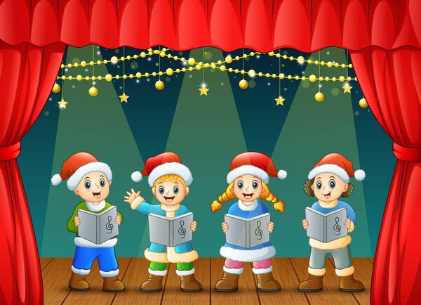Vector illustration of Cartoon children singing christmas carols on the stage