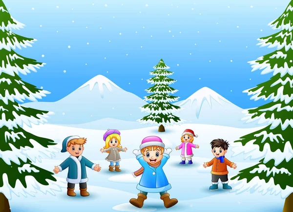 快乐孩子在雪地里玩耍的矢量插图 — 图库矢量图片
