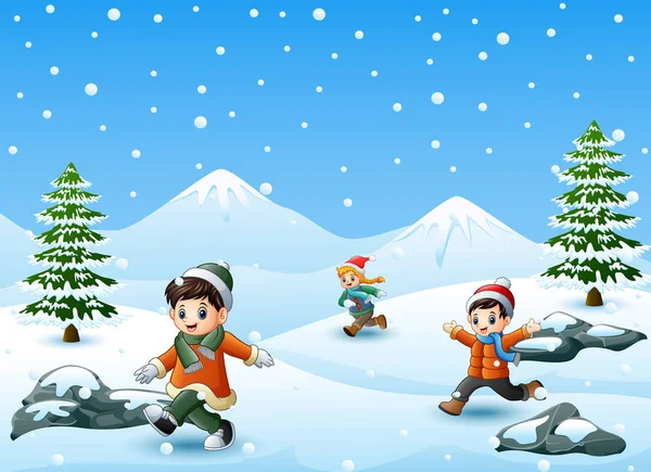 三孩子冬天玩耍的矢量插图 — 图库矢量图片