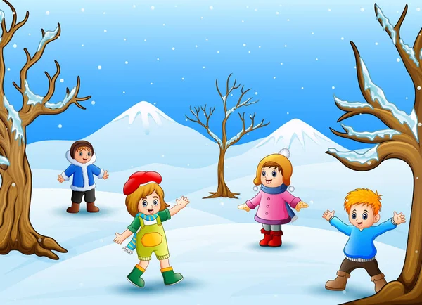 Векторная Иллюстрация Счастливых Детей Играющих Открытом Воздухе Зимой — стоковый вектор