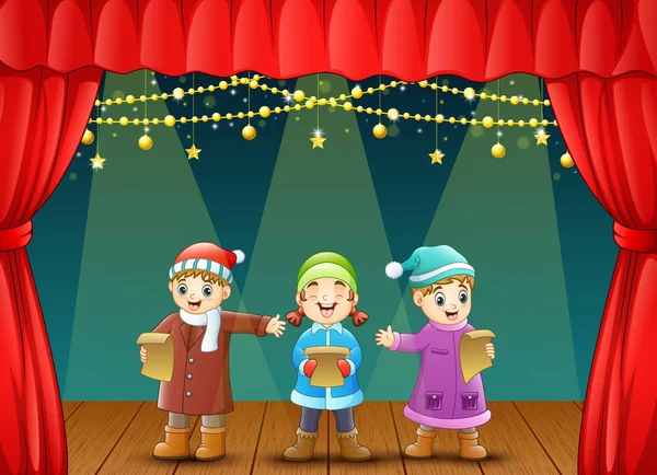 Εικονογράφηση Διάνυσμα Τρία Παιδιά Τραγουδούν Κάλαντα Των Χριστουγέννων Στη Σκηνή — Διανυσματικό Αρχείο