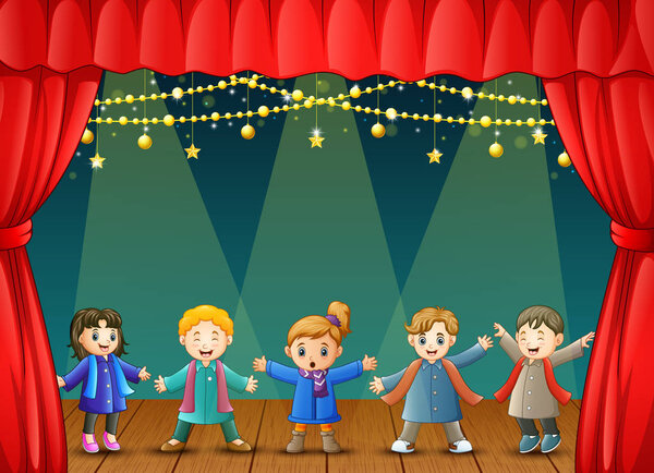 Vector illustration of Children in winter clothes performing on stage