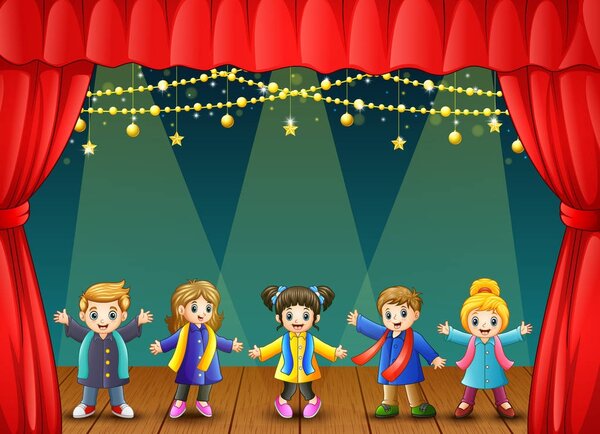 Vector illustration of Children in winter clothes performing on stage