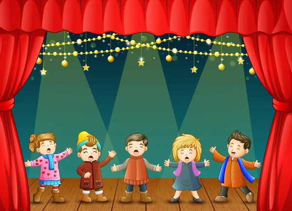 Vector Εικονογράφηση Της Ομάδα Παιδιών Τραγουδούν Στη Σκηνή — Διανυσματικό Αρχείο