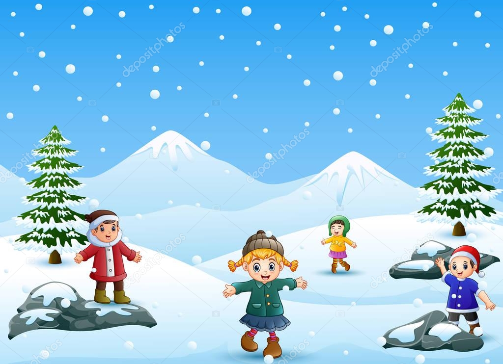 Vector illustration of Happy kids playing outdoors in winter