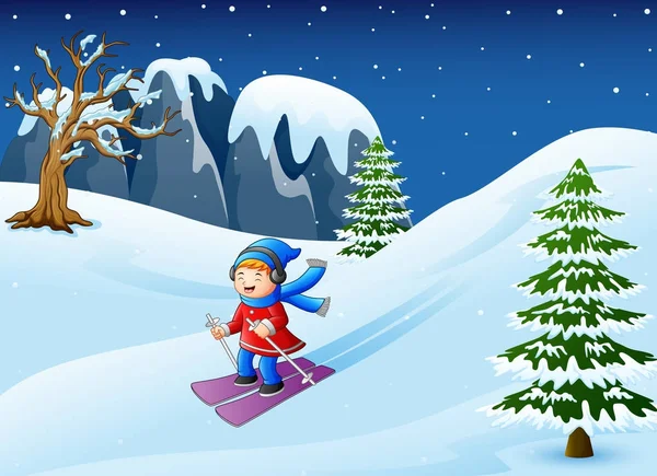 Ilustración Vectorial Chica Esquí Dibujos Animados Nieve Cuesta Abajo — Vector de stock