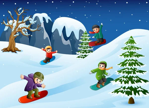 Ilustración Vectorial Happy Kids Ropa Abrigo Snowboard Cuesta Abajo — Archivo Imágenes Vectoriales