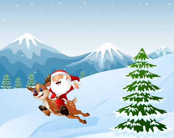 Ilustración Vectorial Happy Santa Claus Montando Reno Saltando Sobre Nieve — Vector de stock