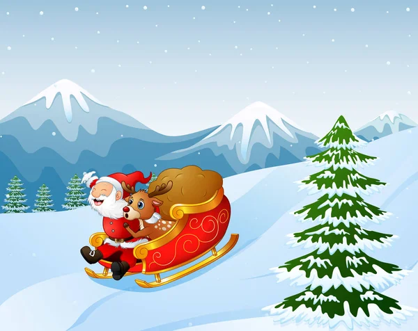 Illustration Vectorielle Clause Cartoon Santa Renne Monté Sur Traîneau Avec — Image vectorielle