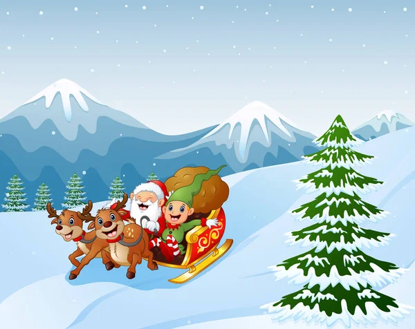 Illustration Vectorielle Cartoon Santa Claus Avec Elfe Chevauchant Sur Traîneau — Image vectorielle