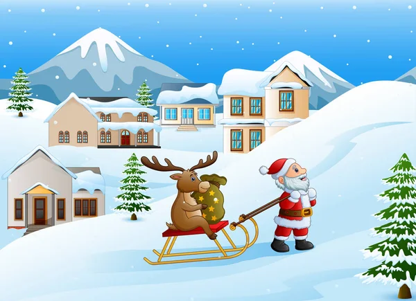 Ilustración Vectorial Dibujos Animados Divertido Santa Claus Tirando Renos Trineo — Vector de stock