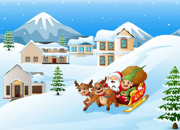卡通的矢量插图圣诞老人与精灵骑在雪橇上的礼物袋驯鹿拉 — 图库矢量图片