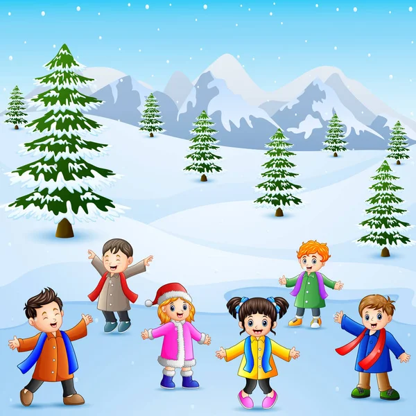 Illustrazione Vettoriale Bambini Dei Cartoni Animati Che Giocano Nella Neve — Vettoriale Stock