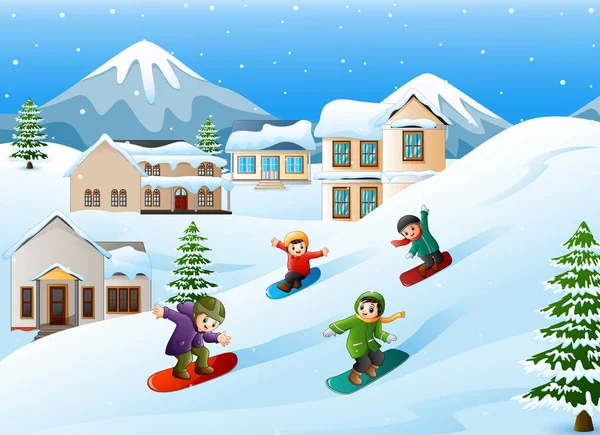 儿童滑雪滑下山的矢量图解 — 图库矢量图片