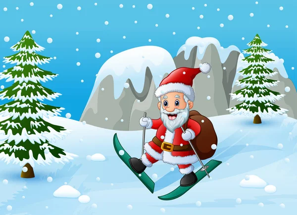 Ilustración Vectorial Santa Claus Esquiando Colina Nieve Con Saco Regalos — Vector de stock
