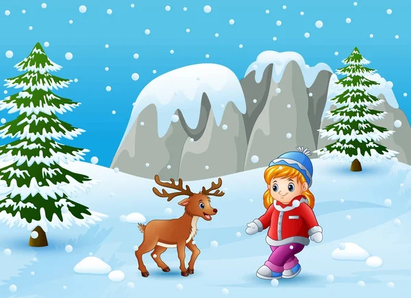 冬天背景的媒介例证与女孩和鹿 — 图库矢量图片