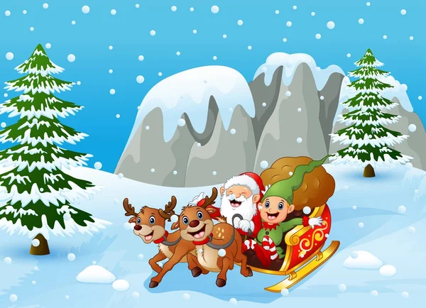 Векторная Иллюстрация Санта Клауса Скольжения Эльфа Снежному Холму — стоковый вектор