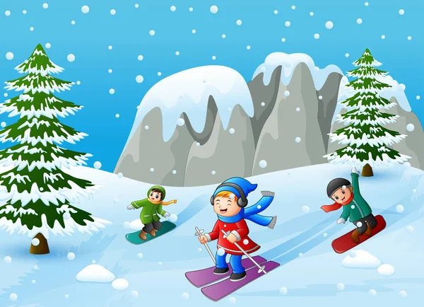 儿童在山中玩耍冬季运动的矢量图解 — 图库矢量图片
