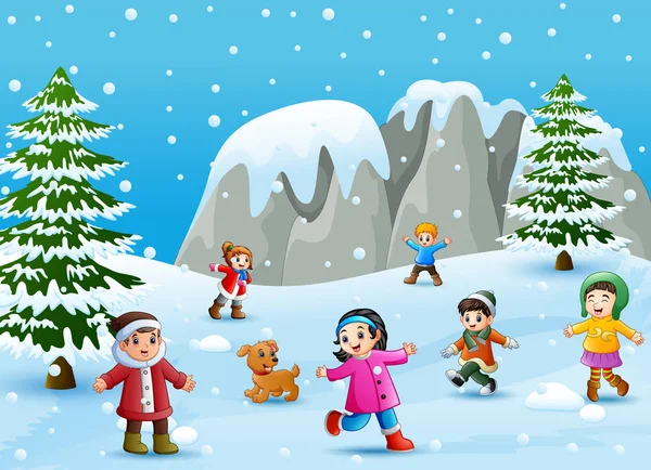 Vector Illustration Cartoon Kids Dog Playing Snow — Stock Vector